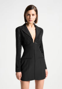 Rhinestone Corset Blazer Dress - Black