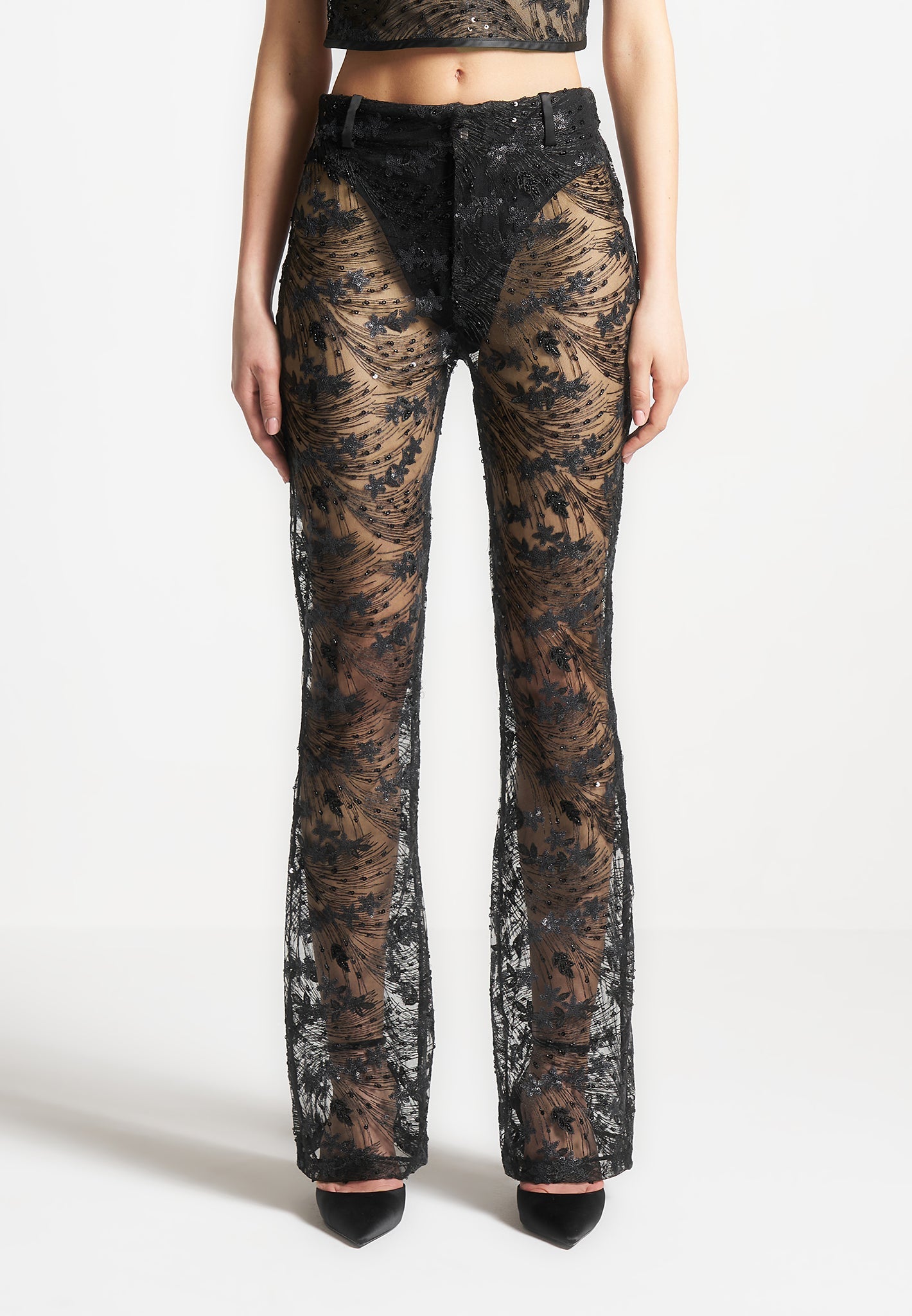 embellished-lace-fit-and-flare-trousers-black