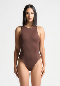 Ines - Double Layer Racer Neck Bodysuit - Brown