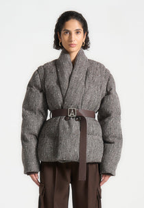 Inez - Herringbone Wool Wrap Belted Puffer Jacket - Brown