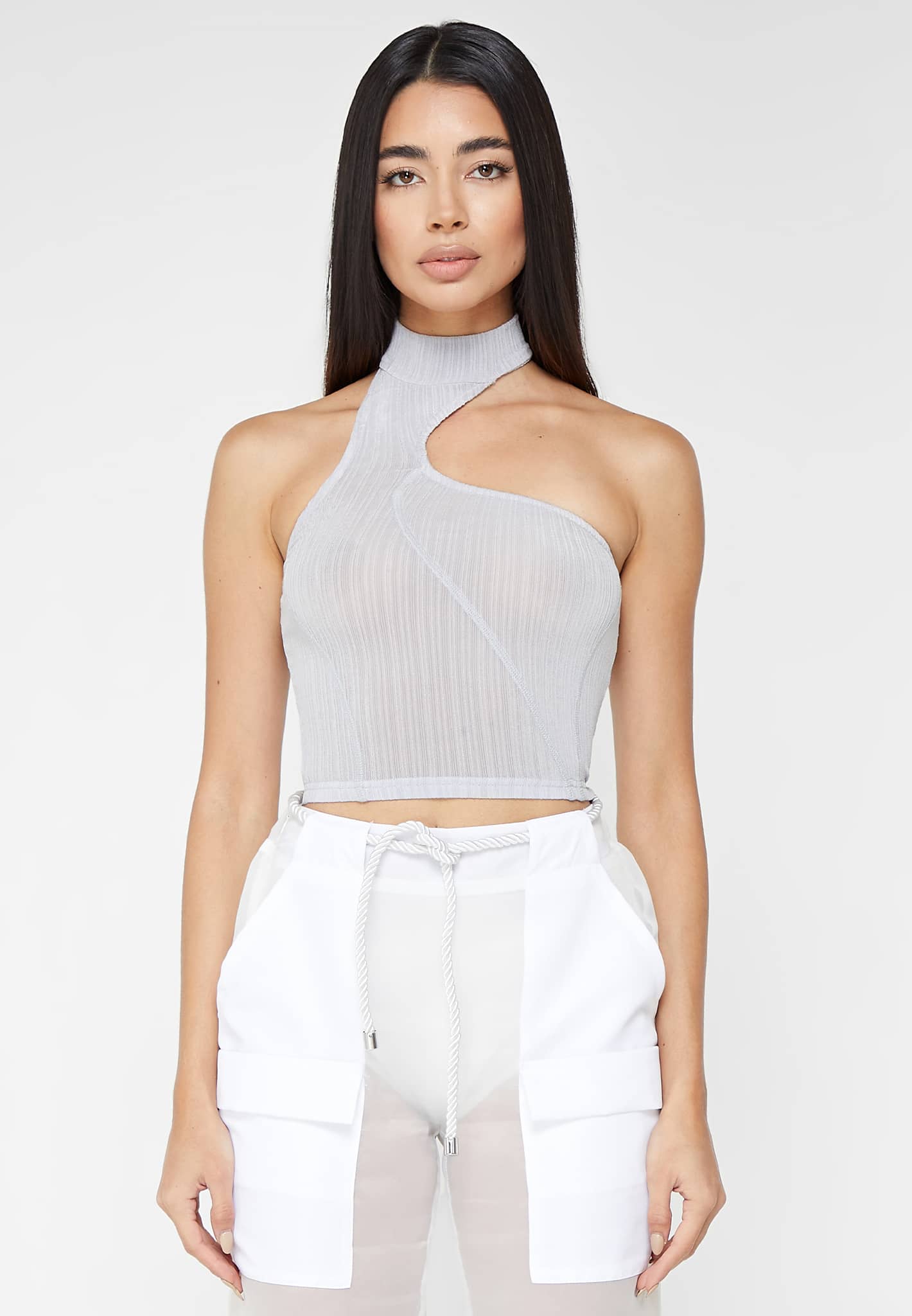 High Neck Sheer Asymmetric Crop Top - Grey | Manière De Voir USA