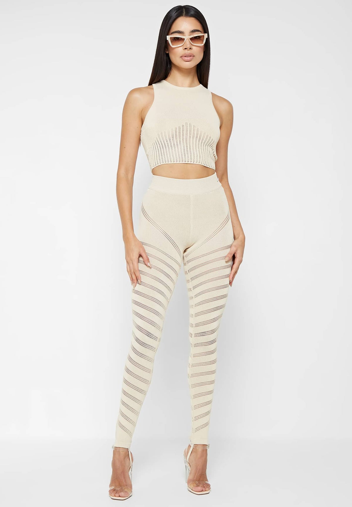 High Waisted Knitted Spiral Contour Leggings - Beige