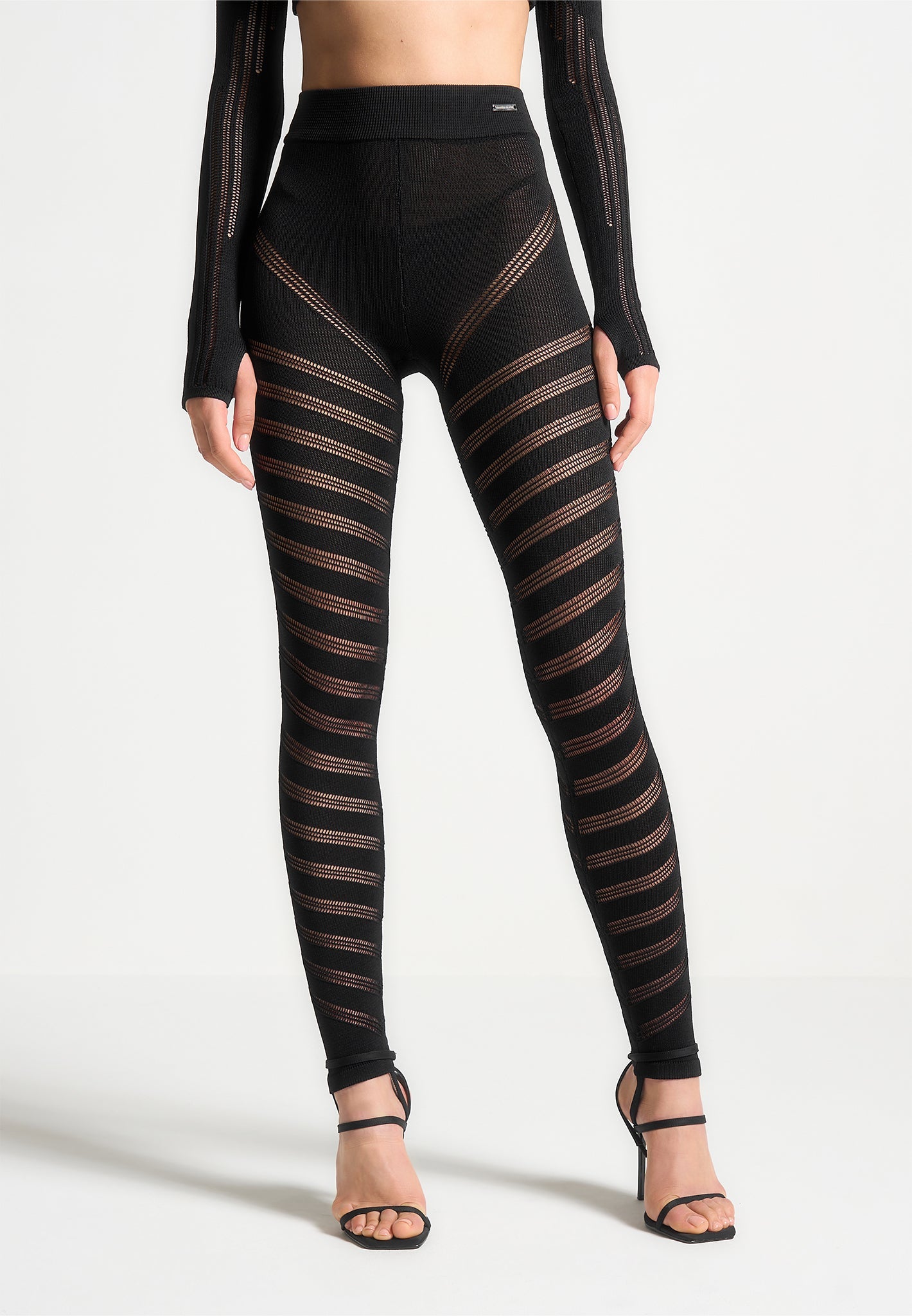 High Waisted Knitted Spiral Contour Leggings - Black