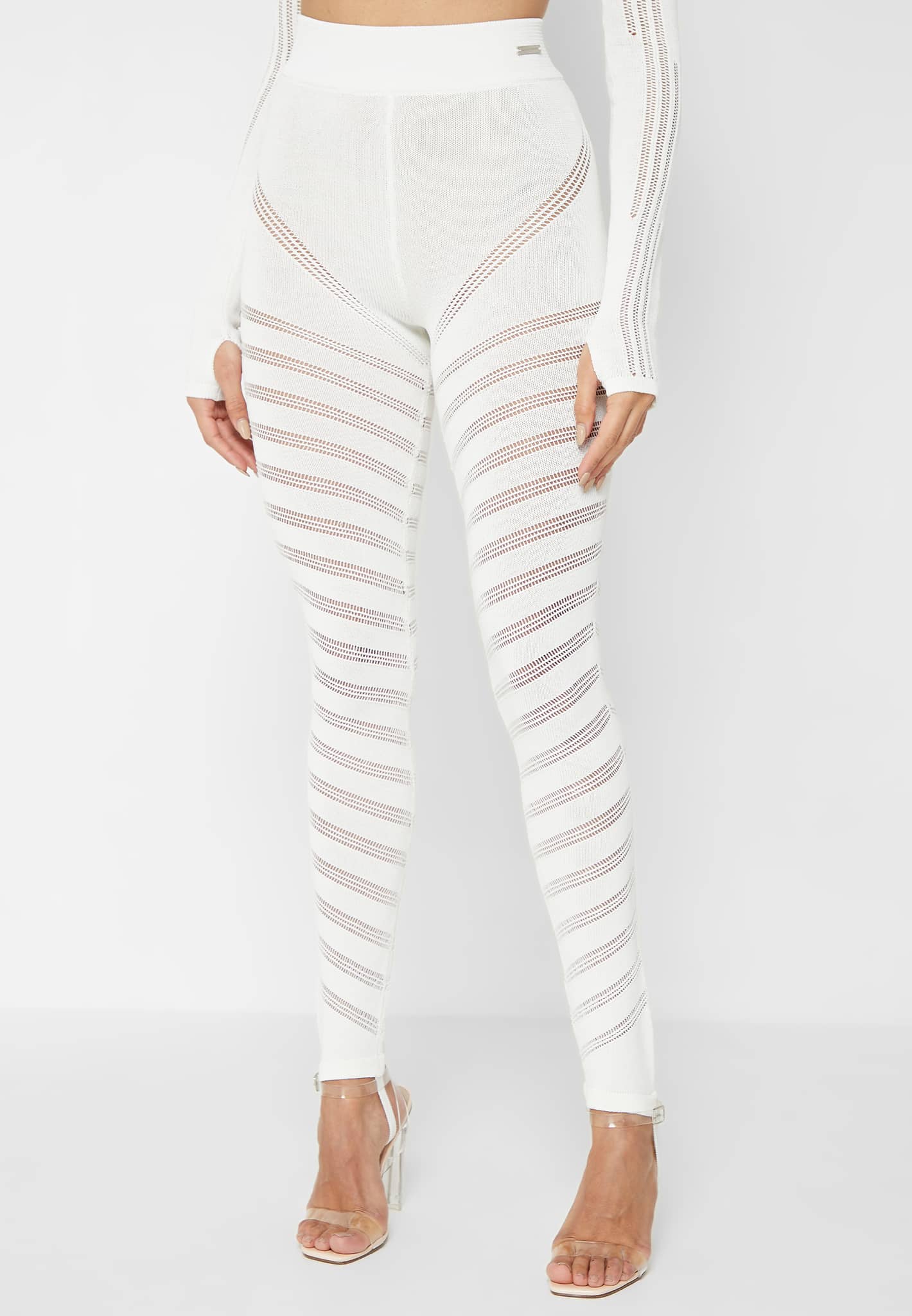 High Waisted Knitted Spiral Contour Leggings - White