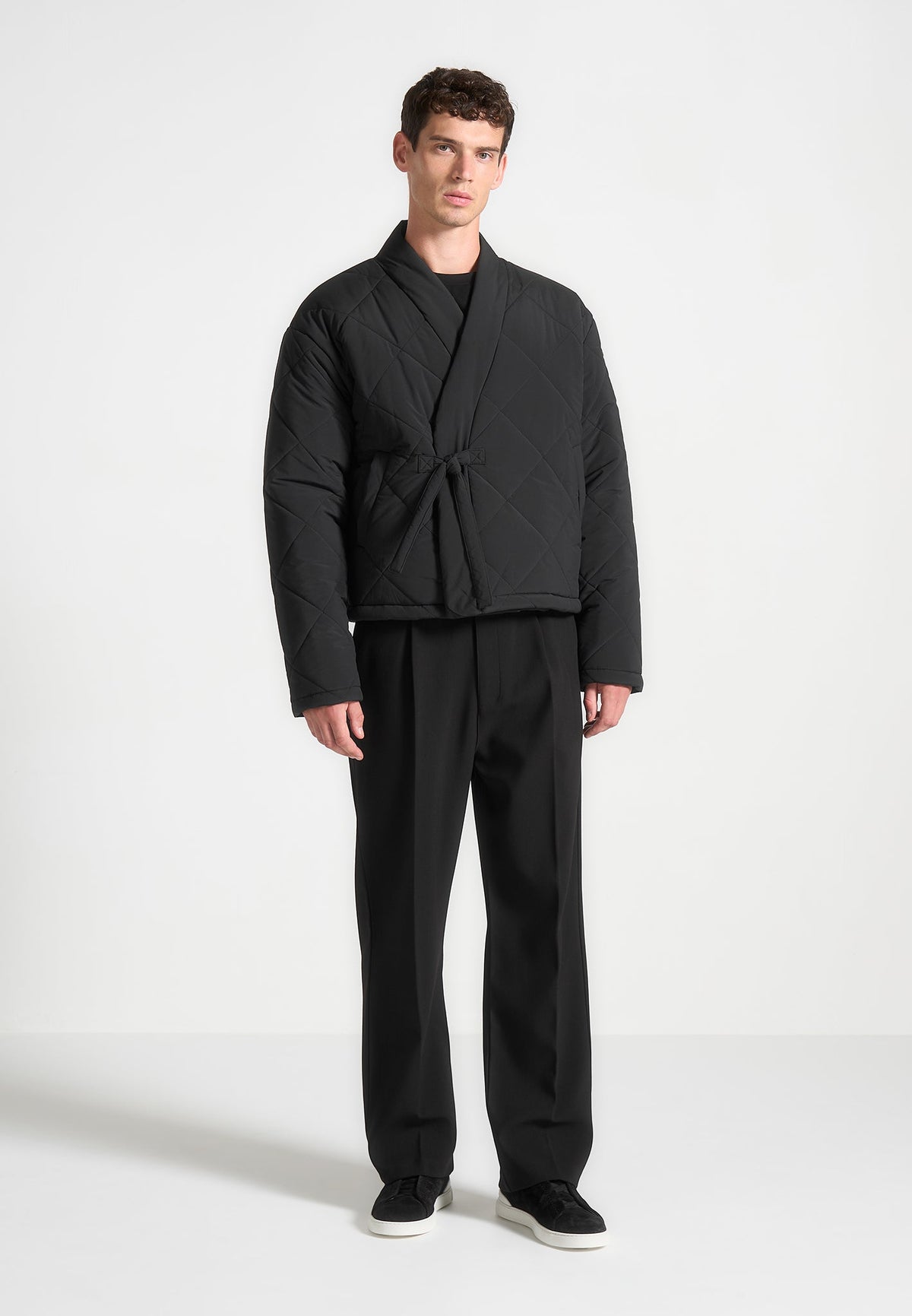 Kimono Quilted Wrap Puffer Jacket - Black