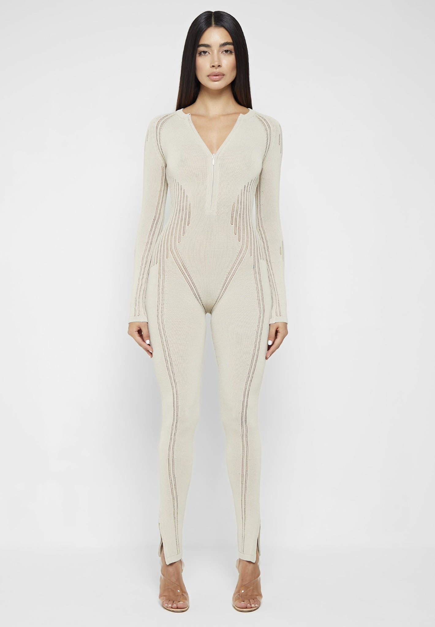 Knitted Backless Jumpsuit - Beige