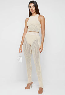 Knitted High Waisted Leggings - Beige