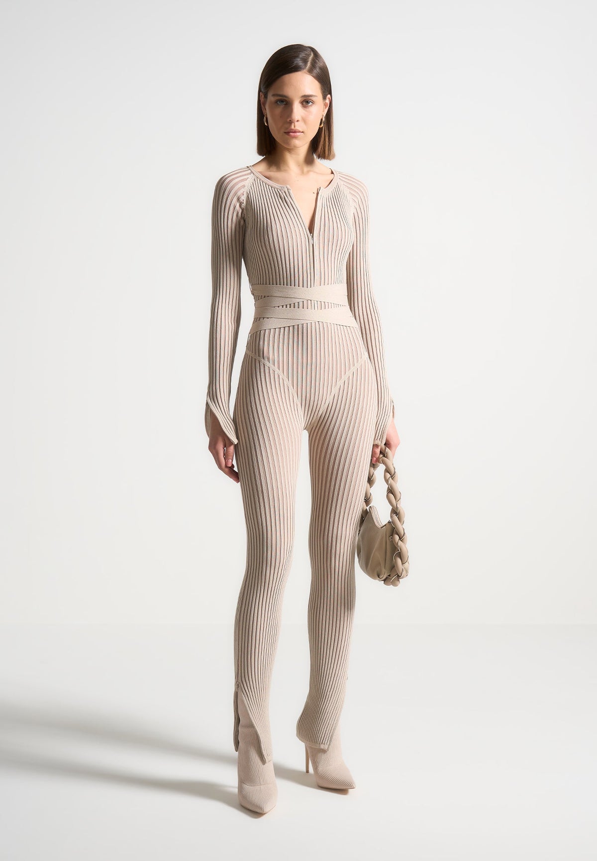 Knitted Two Tone Jumpsuit with Belt - Beige/Taupe | Manière De Voir USA