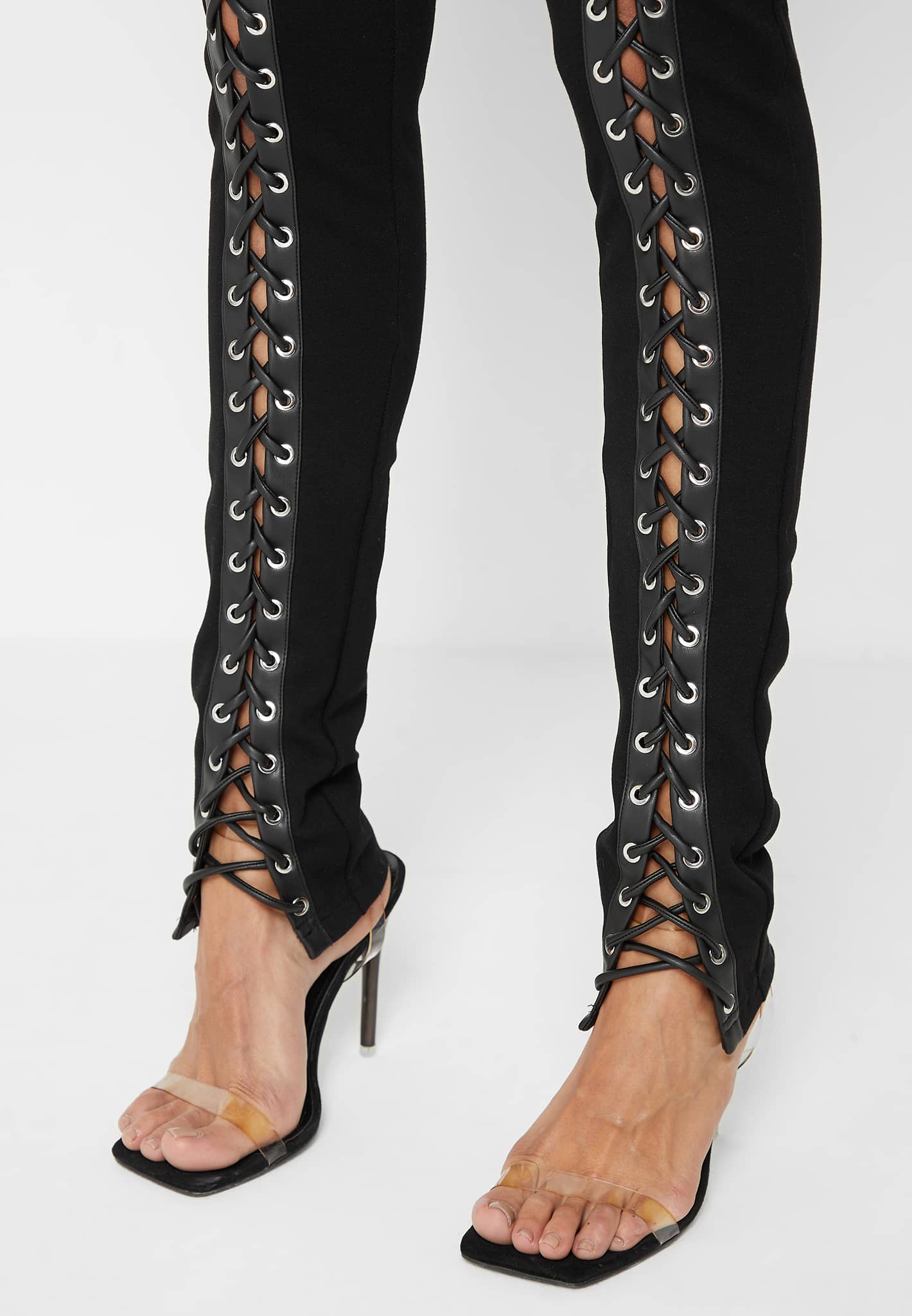 L & B Apparel Black Liquid Leather Leggings with Black Lace Knee