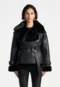 Charlène - Leather and Plush Wrap Belted Jacket - Black