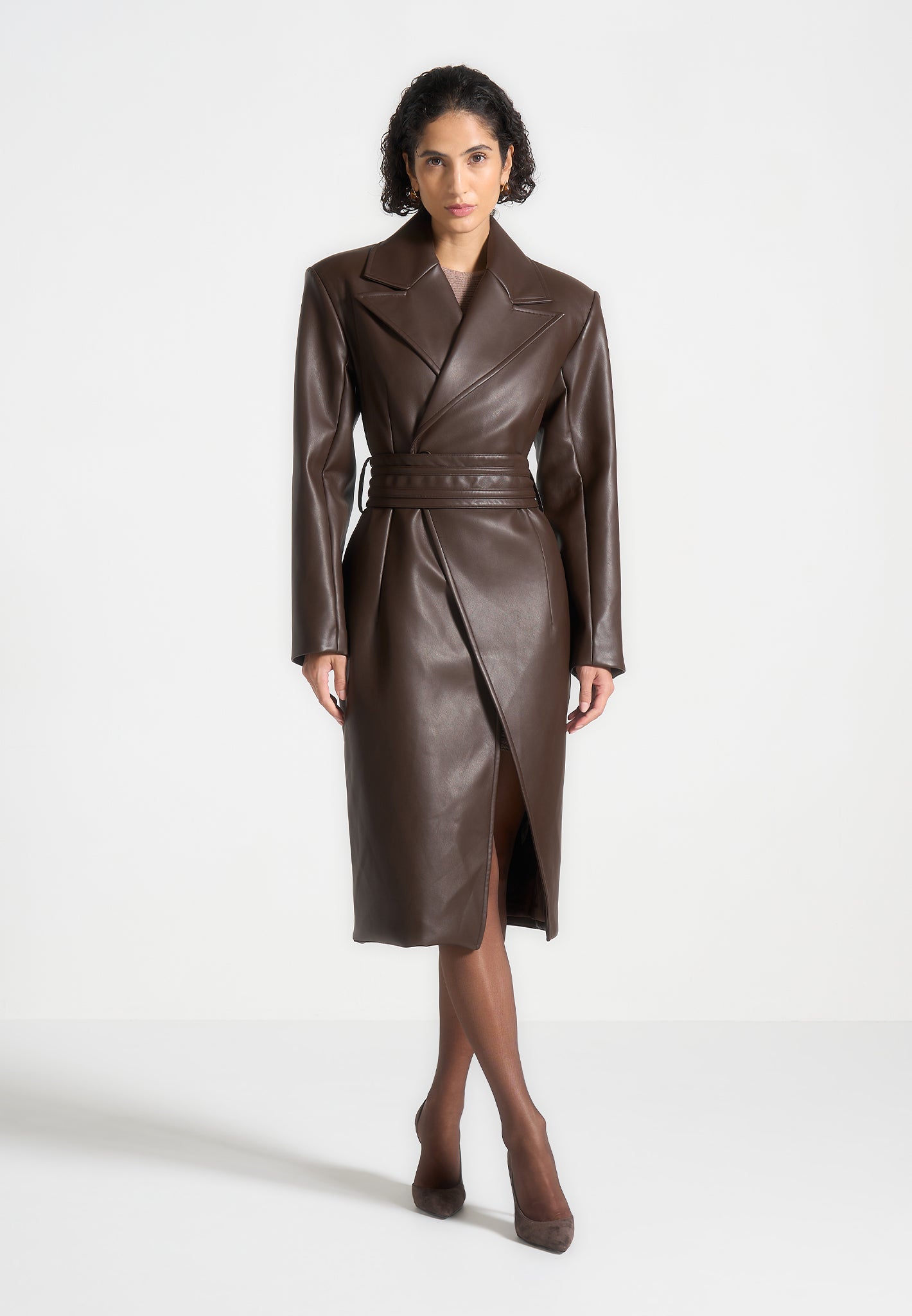 Malya - Leather Asymmetric Belted Coat - Brown | Manière De Voir USA
