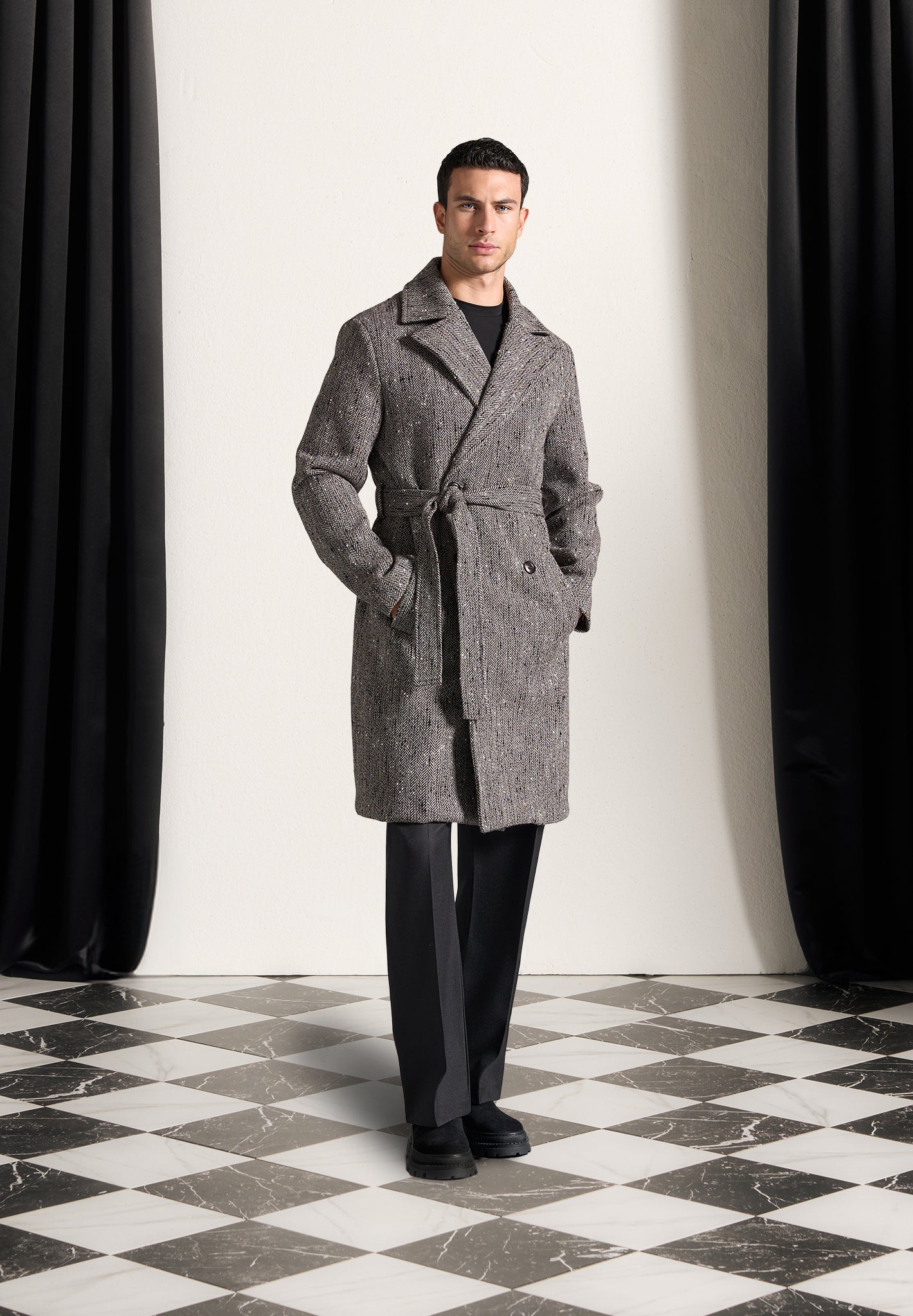 Limited Edition Herringbone Wool Double Breasted Coat - Brown