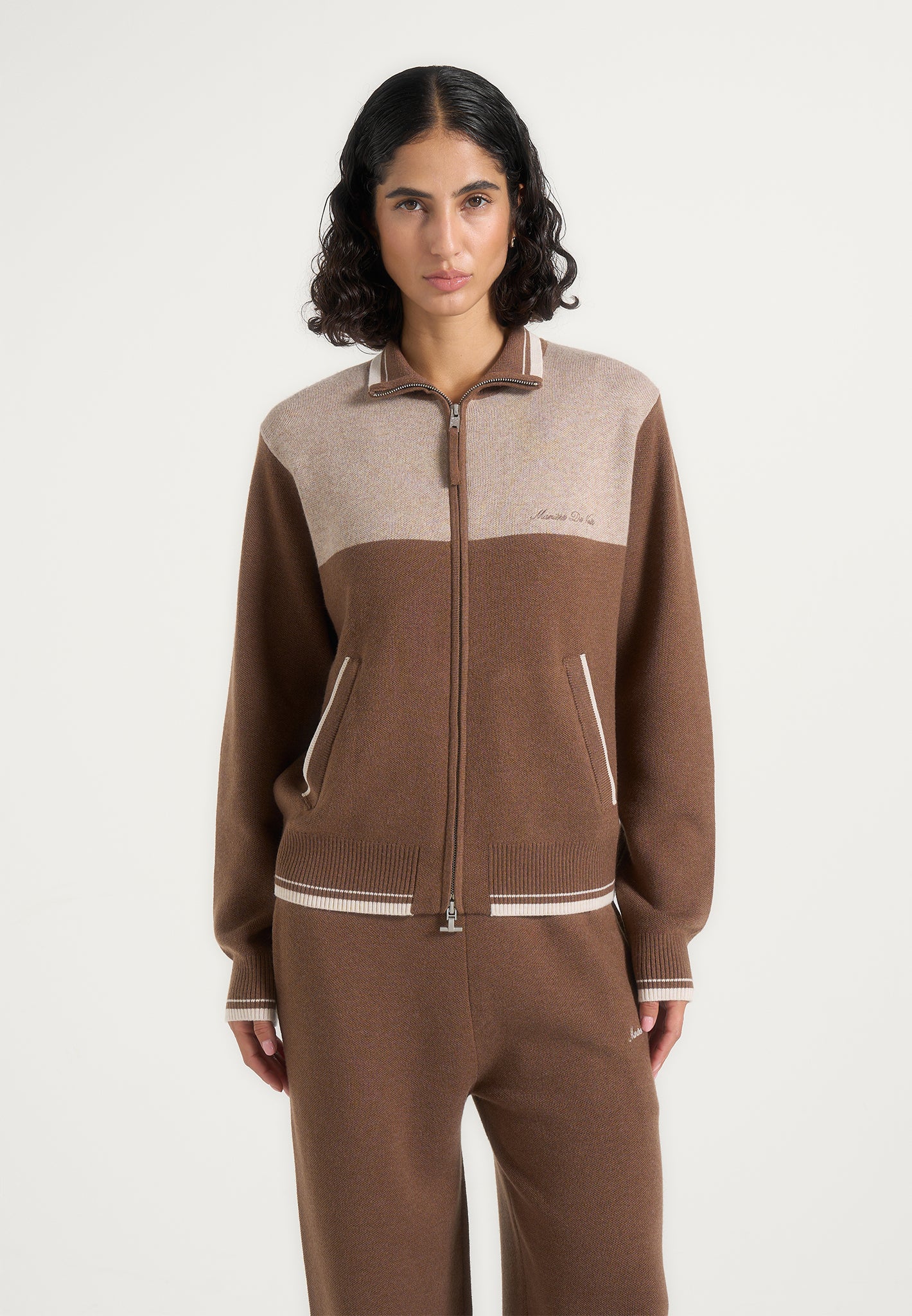 Mathieu - Colour Block Signature Knit Jacket - Taupe / Beige