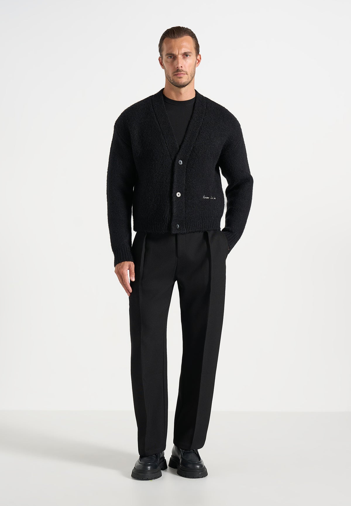 Charlie - Brushed Wool-Blend Knit Signature Cardigan - Black