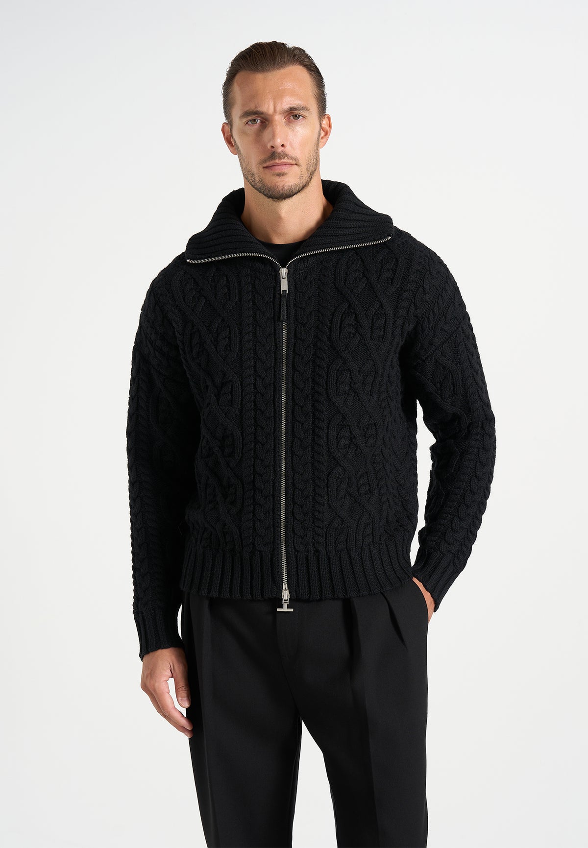 Amael - Cable Knit Wool-Blend Cardigan - Black