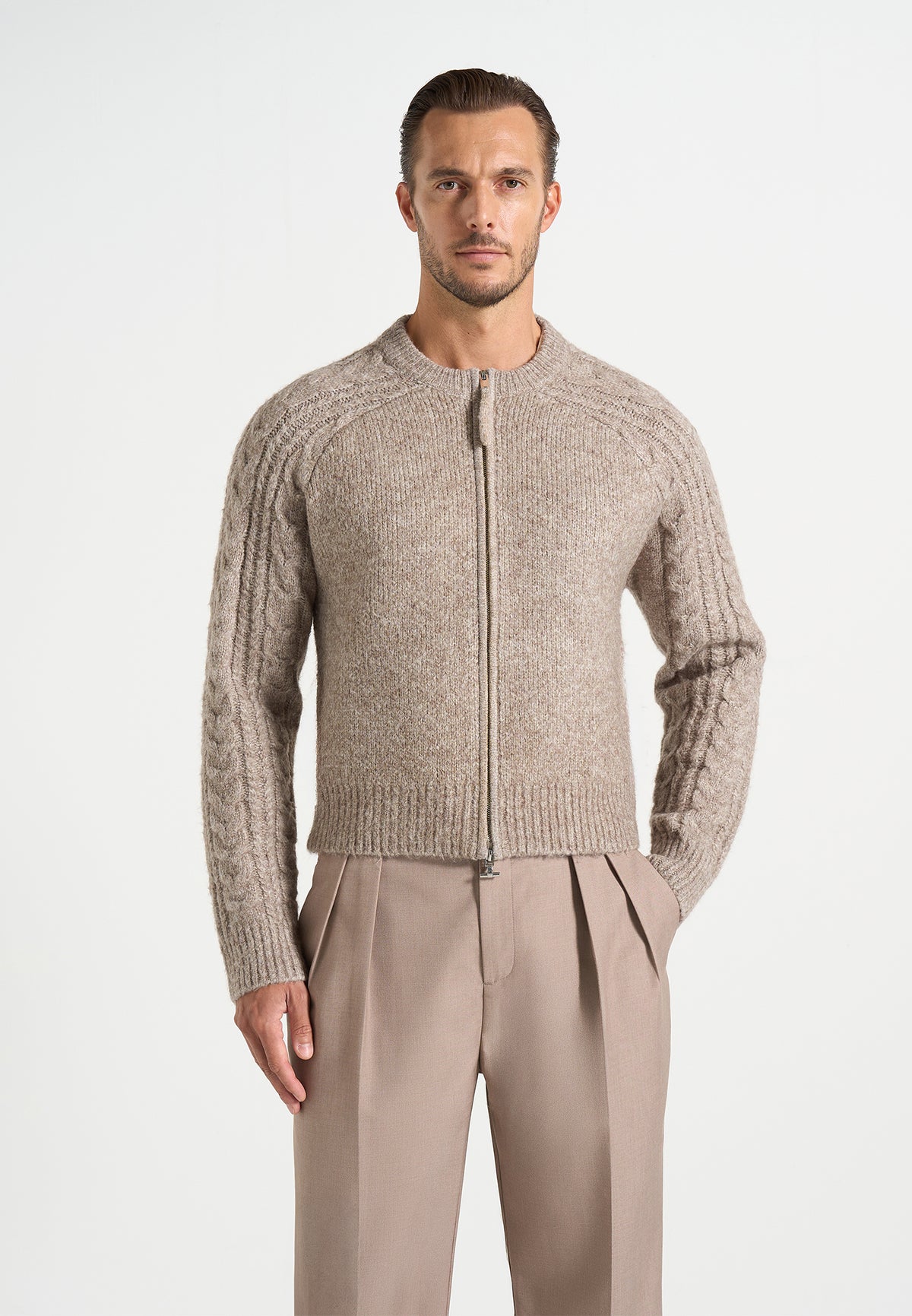 Gaby - Speckled Wool-Blend Cable Knit Raglan Cardigan - Taupe