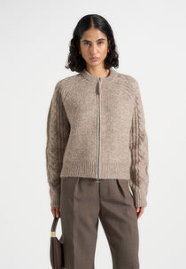 Gaby - Speckled Wool-Blend Cable Knit Raglan Cardigan - Taupe