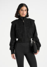 Delfina - Suede Layered-Shoulder Cropped Bomber Jacket - Black
