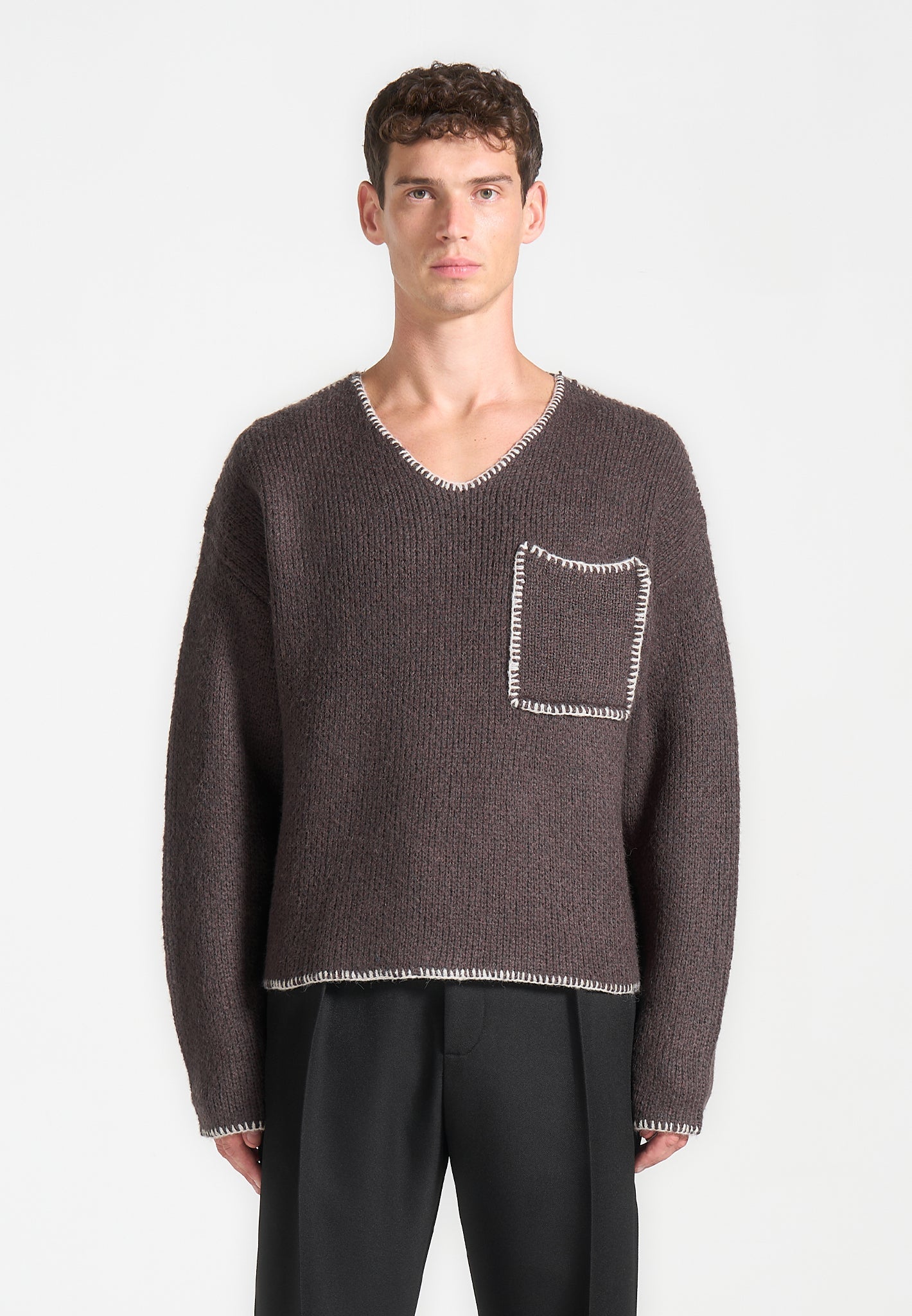 Mohair Knit Whipstitch V Neck Jumper - Brown | Manière De Voir USA