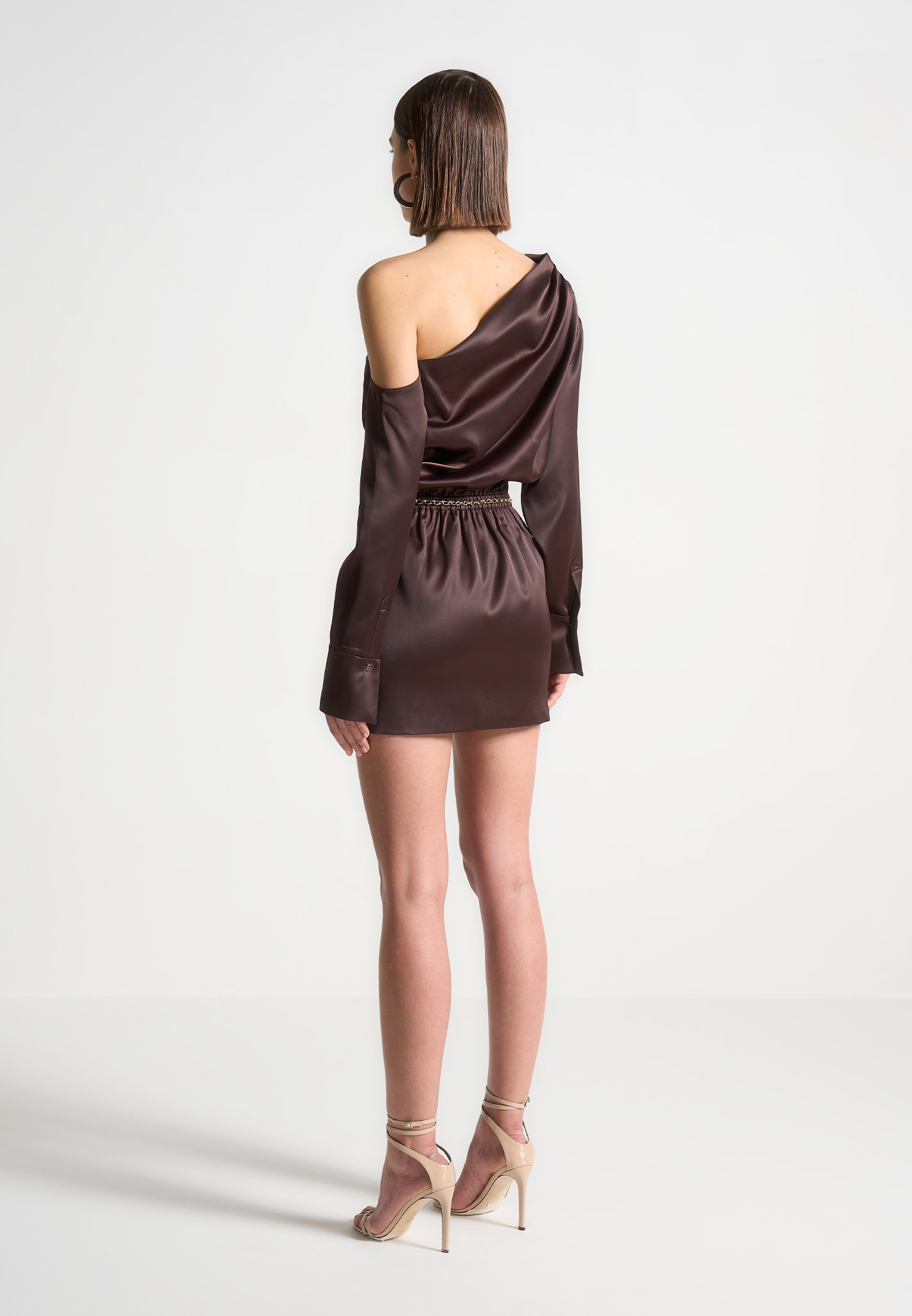 Women's Off Shoulder Draped Satin Mini Dress with Belt - Brown - US 6 - Manire de Voir Women's Off Shoulder Draped Satin Mini Dress with Belt - Brown - US 6 - Manire de Voir