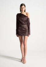 off-shoulder-draped-satin-mini-dress-with-belt-brown