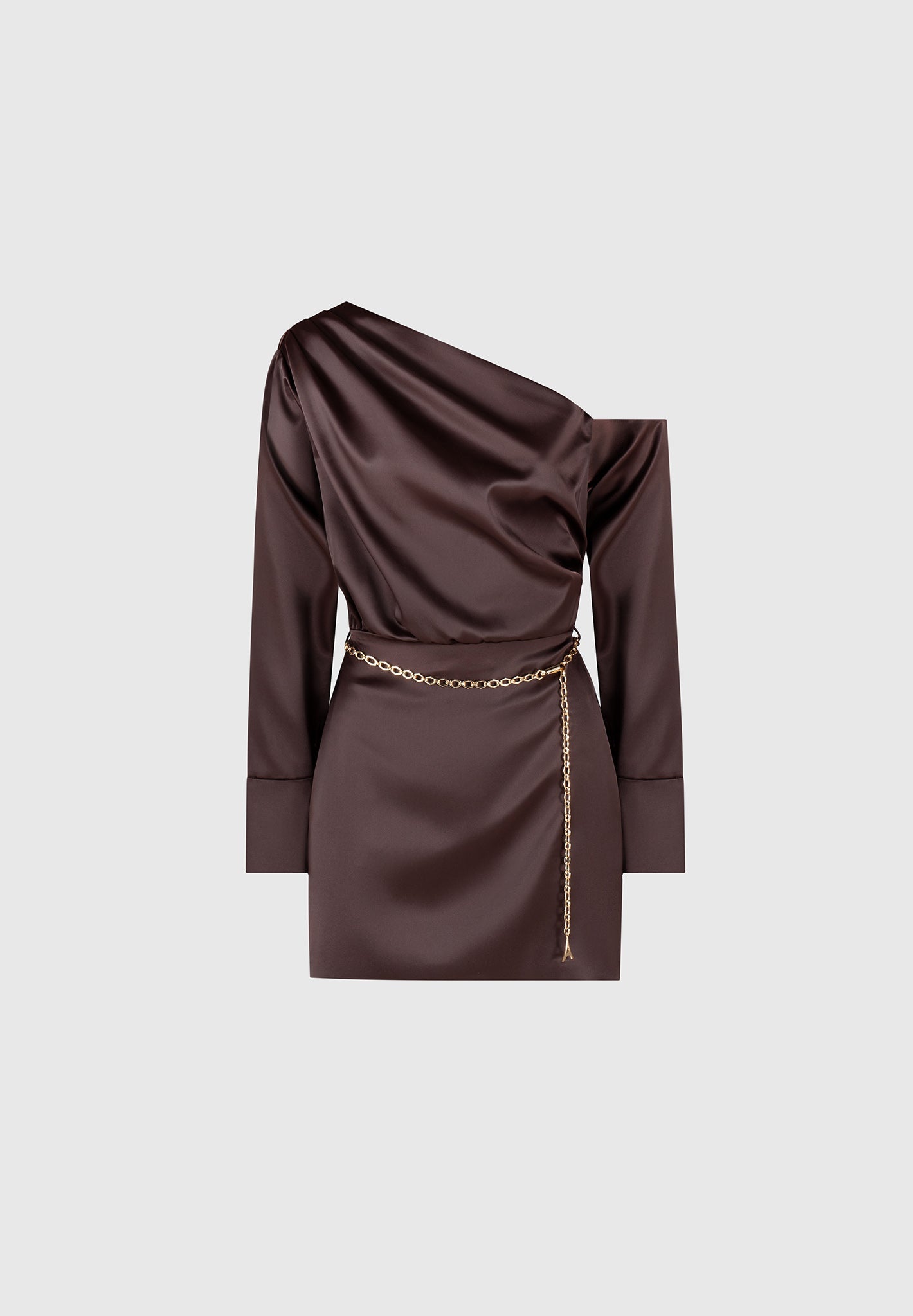 Women's Off Shoulder Draped Satin Mini Dress with Belt - Brown - US 6 - Manire de Voir Women's Off Shoulder Draped Satin Mini Dress with Belt - Brown - US 6 - Manire de Voir