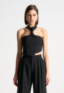 Pinstripe Tie Knot Halter Top - Black