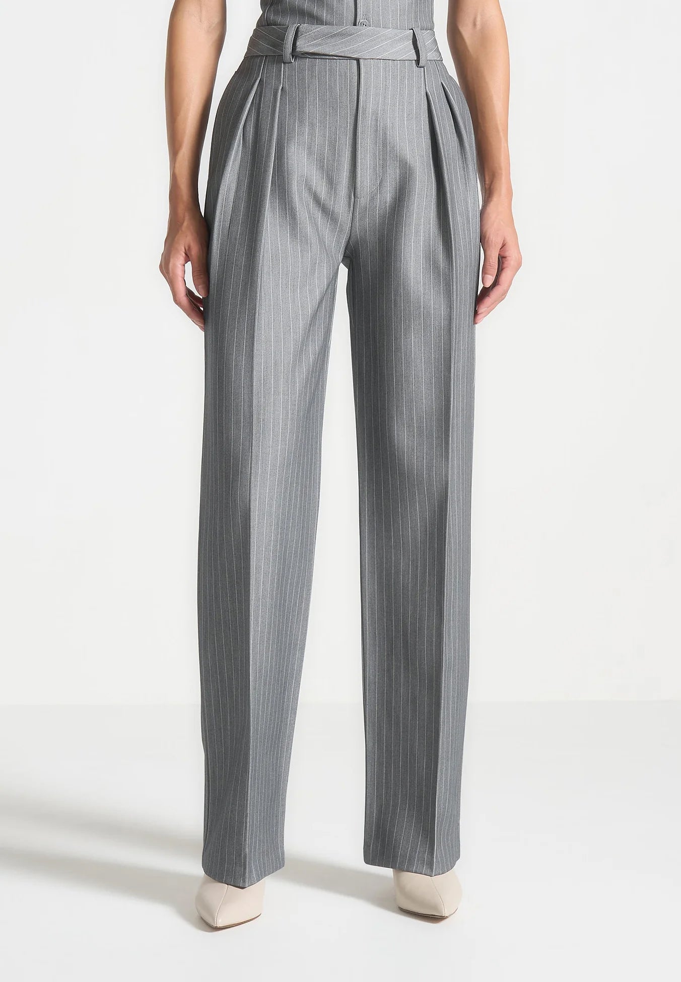 Julie - Pinstripe Twin Pleat Tailored Trousers - Grey | Manière De