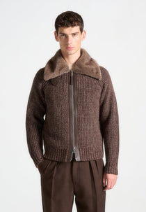 Plush Collar Wool Knit Jacket - Brown