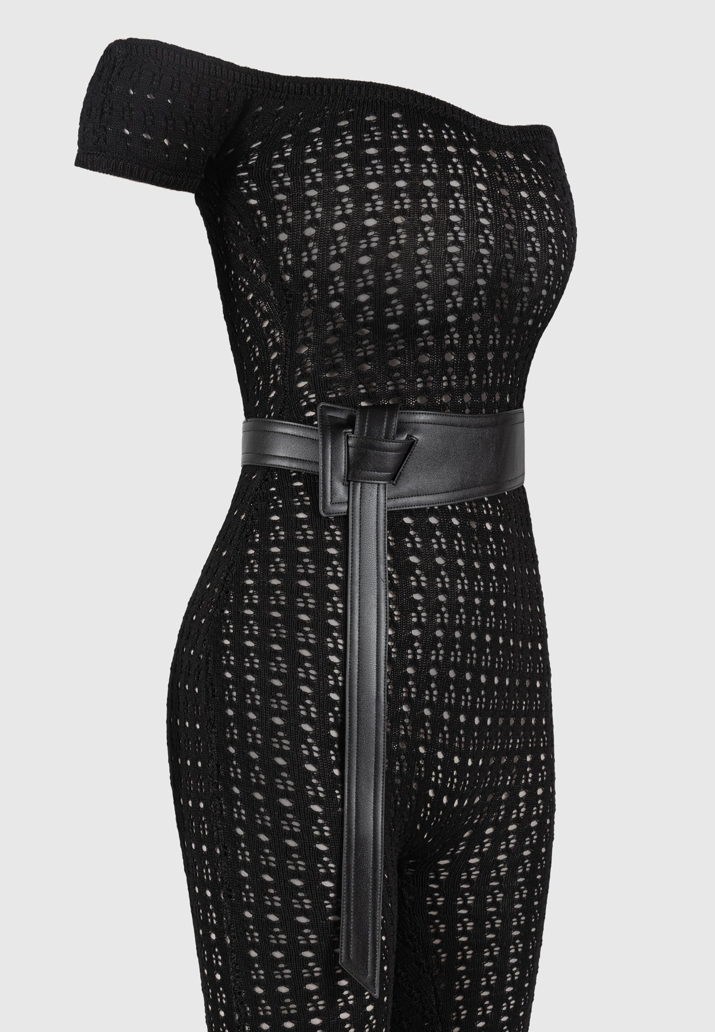 Women's Pointelle Knit Bardot Jumpsuit with Belt - Black - L - Martine - Manire de Voir Women's Pointelle Knit Bardot Jumpsuit with Belt - Black - L - Martine - Manire de Voir