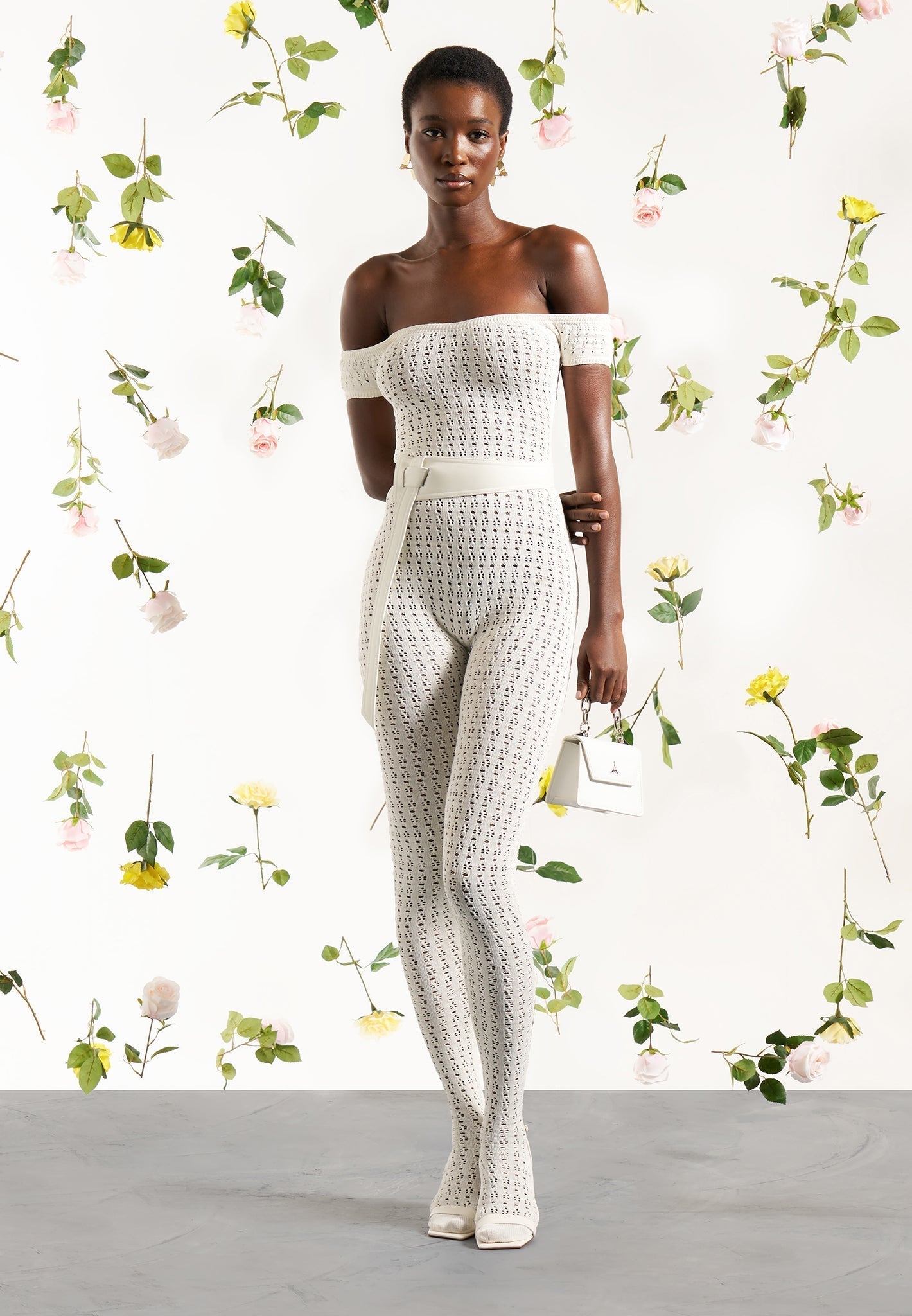 Martine Pointelle Knit Bardot Jumpsuit with Belt Cream