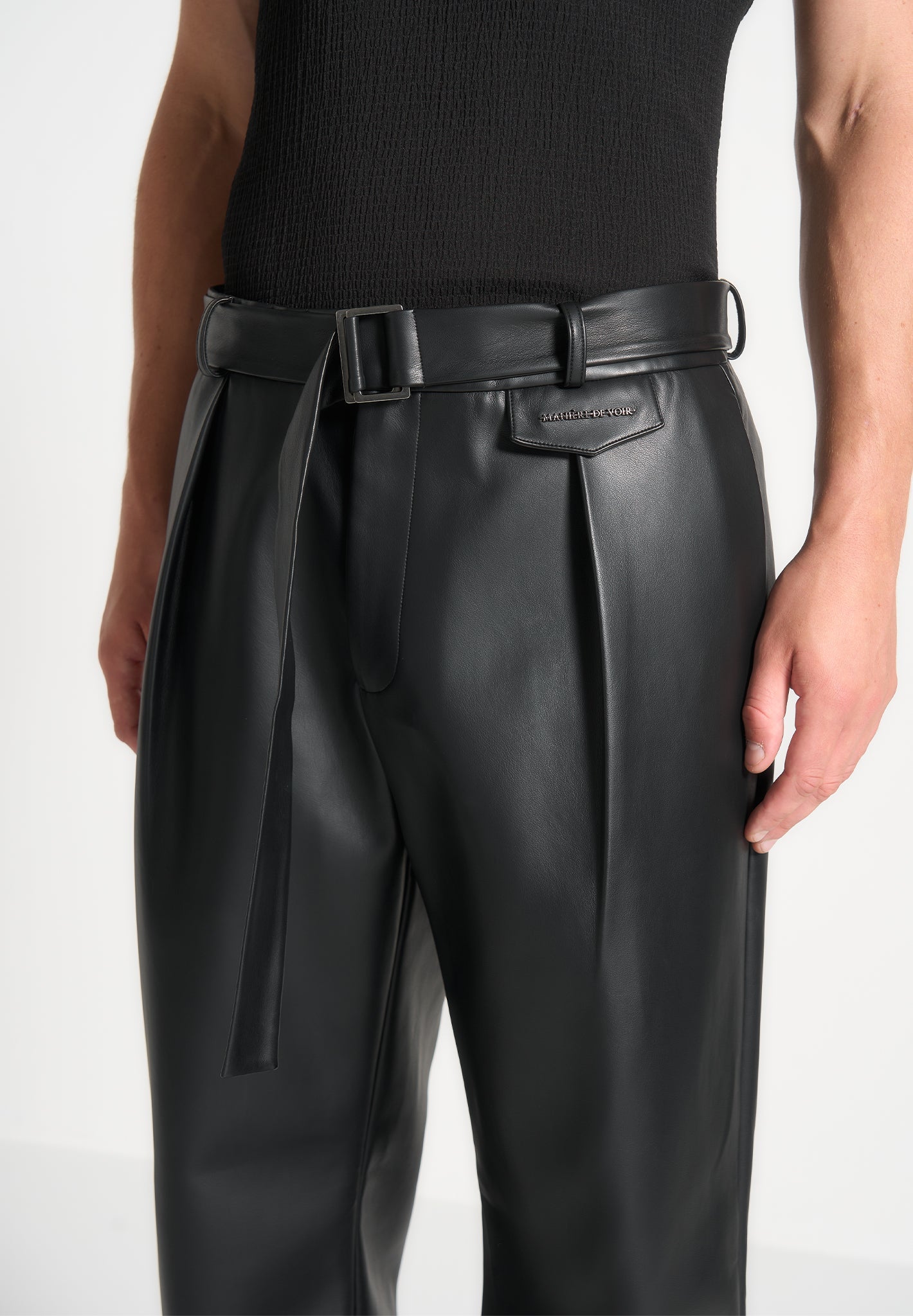 Relaxed Fit Leather Pleated Trouser - Black