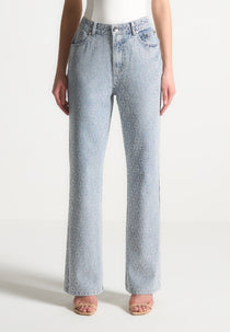 Alma - Rhinestone Eiffel Straight Leg Jeans - Mid Blue