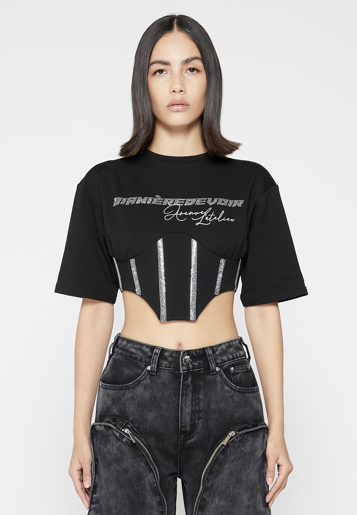 Rhinestone Lace Up Corset T-Shirt - Black | Manière De Voir USA