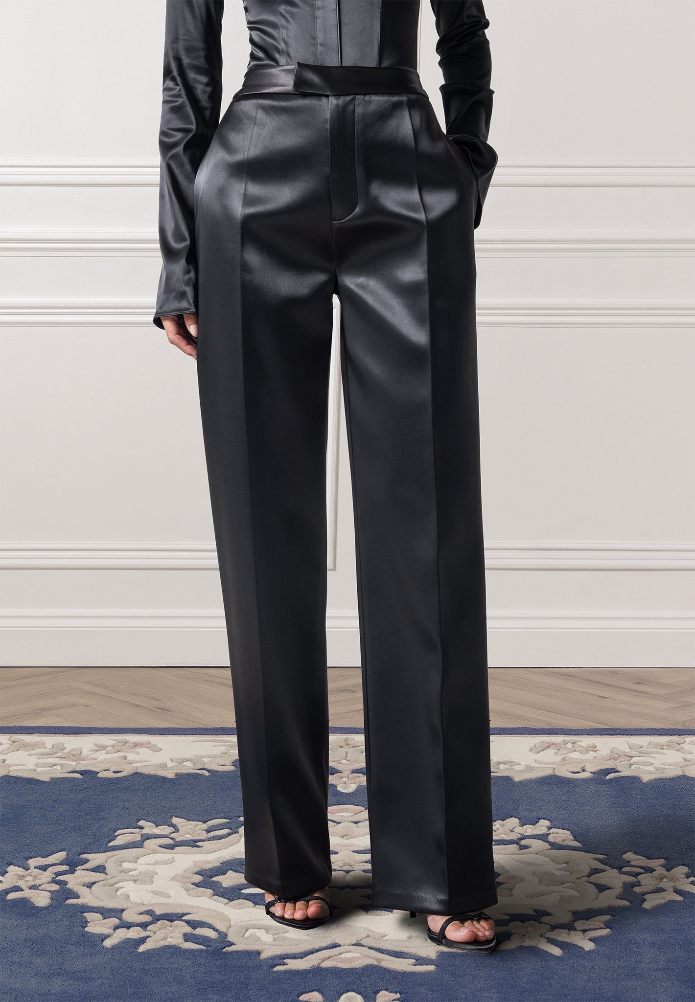 Bella - Satin Tailored Trousers - Black | Manire De Voir USA Bella - Satin Tailored Trousers - Black | Manire De Voir USA