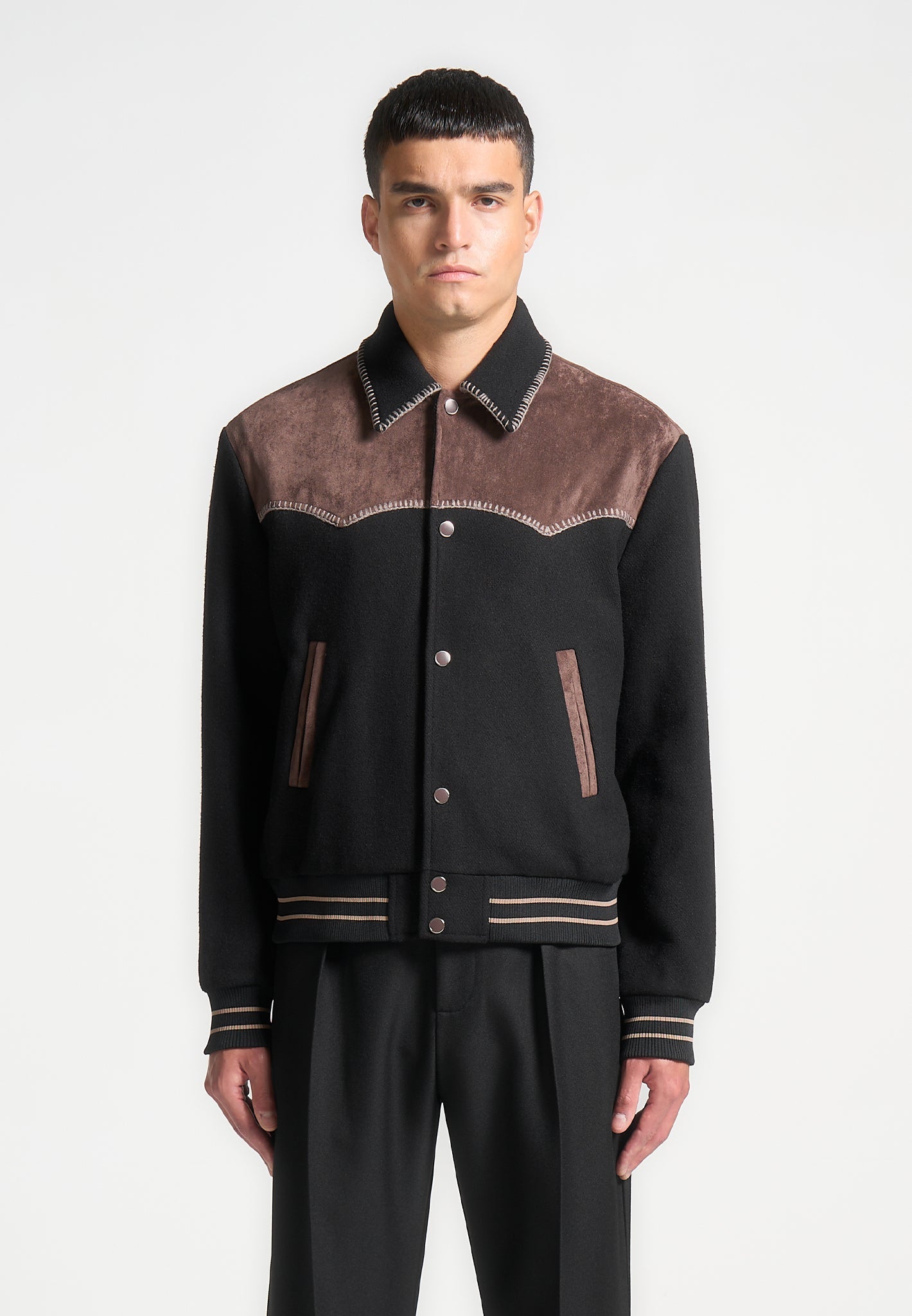 Suede and Wool Whipstitch Varsity Jacket - Black/Brown | Manière