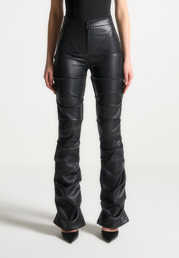 Caroline - Tacked Leather Flared Trousers - Black