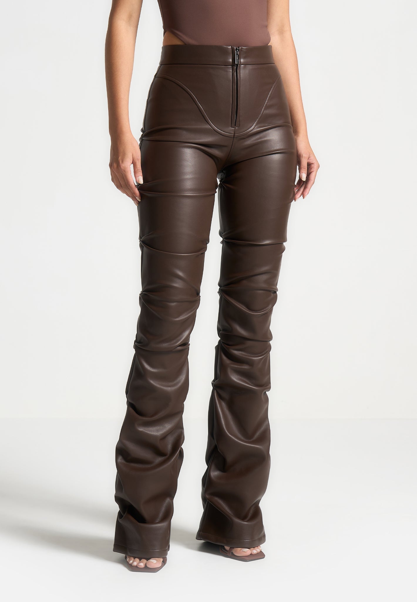 Caroline Tacked Leather Flared Trousers Brown Manière De