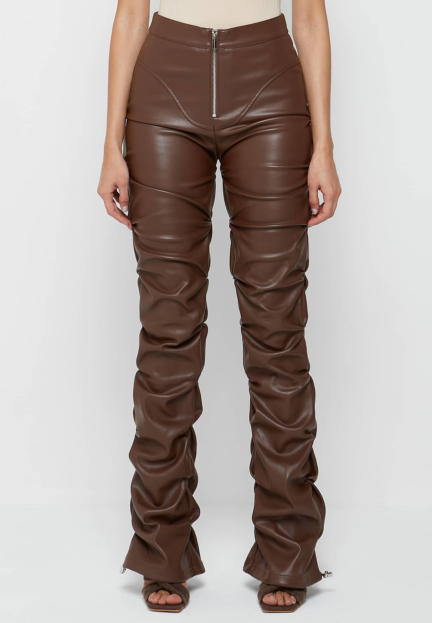 tacked-vegan-leather-flared-trousers-chocolate-brown
