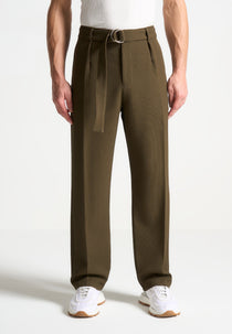 Louis - Relaxed Fit Textured Belted Tailored Trousers - Khaki