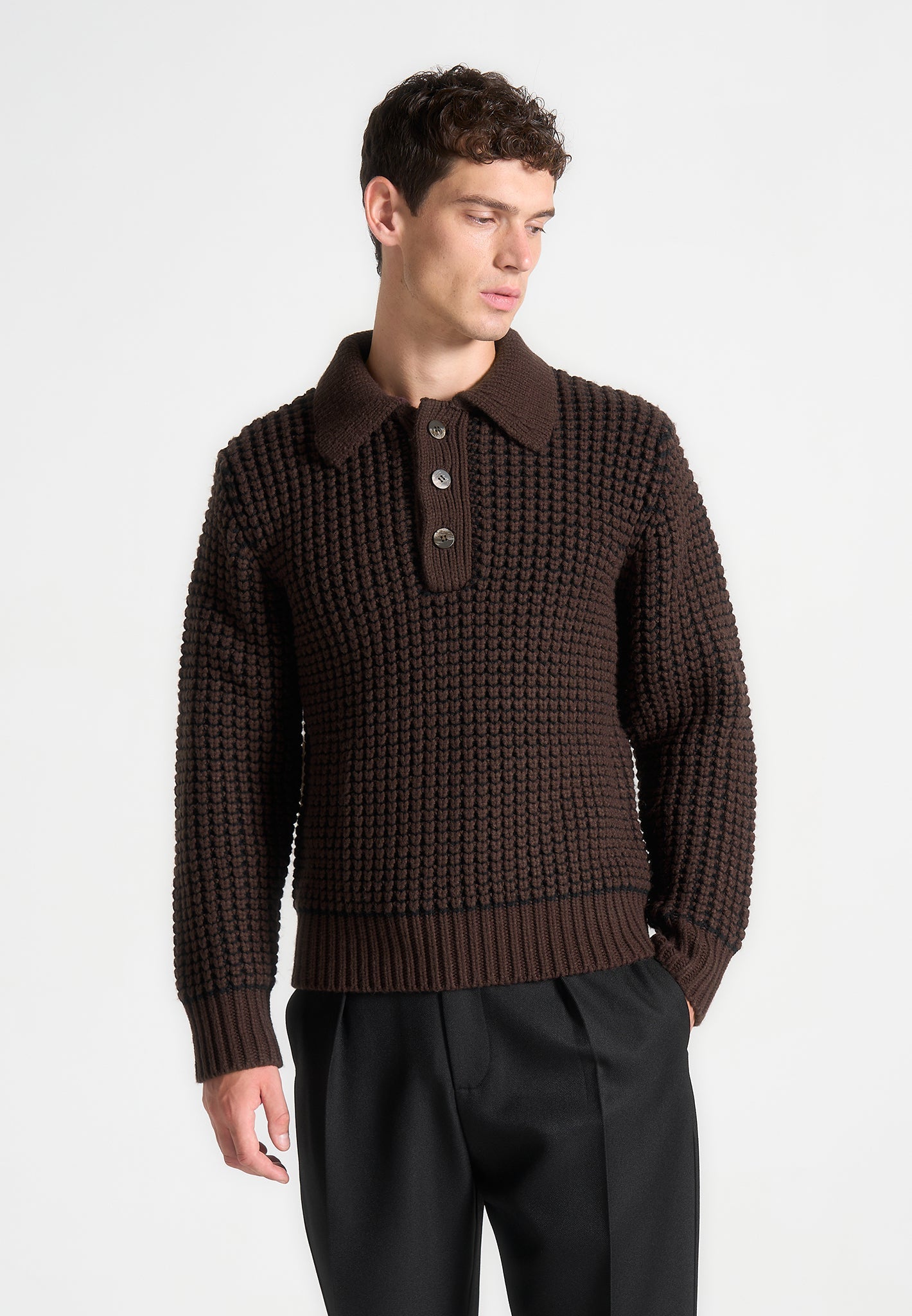 Textured Wool Knit Polo Jumper - Brown | Manière De Voir USA