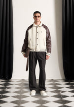 Tweed & Leather Varsity Jacket - Cream/Brown