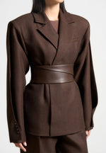 twist-sleeve-tailored-blazer-with-belt-brown