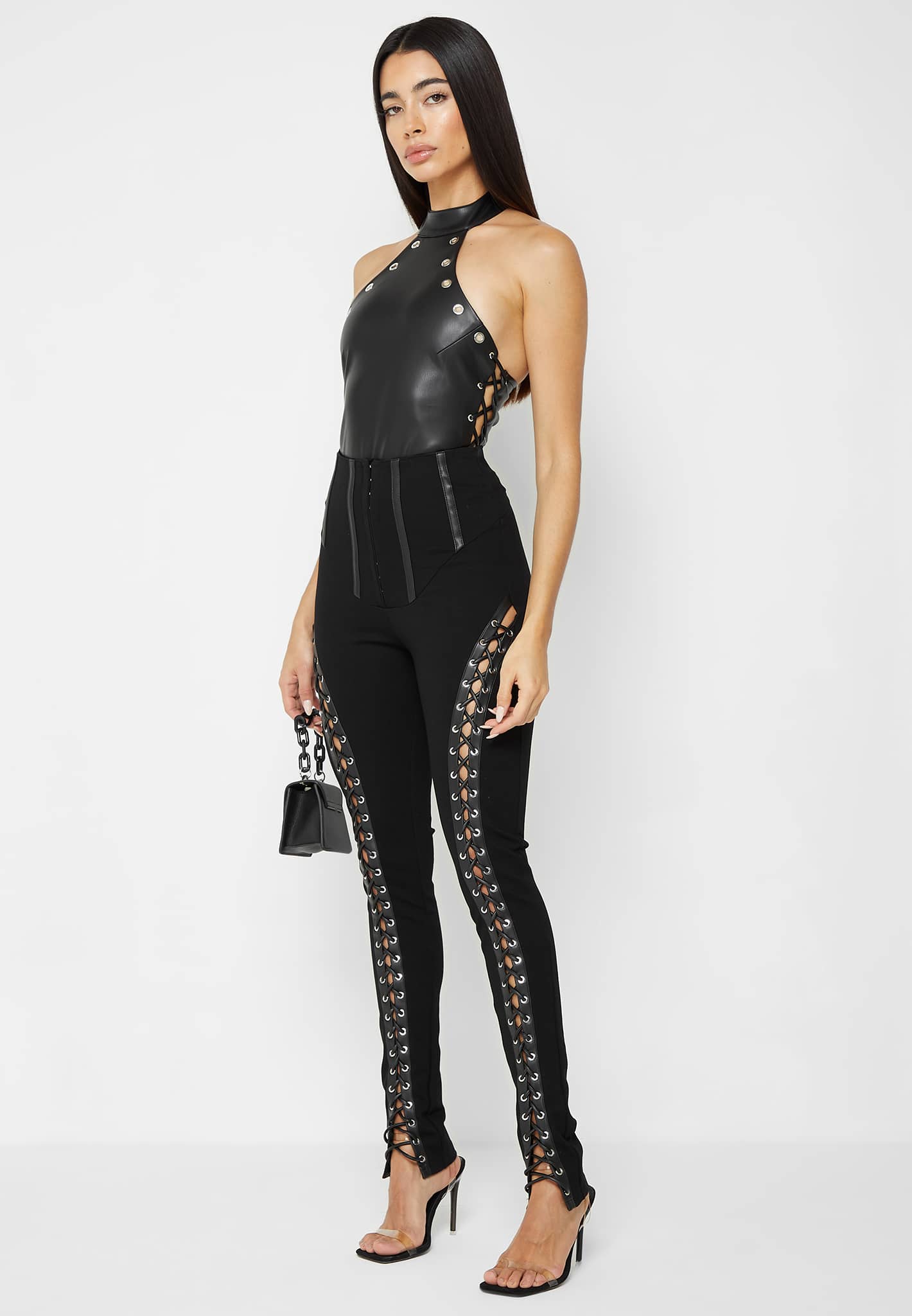 Vegan Leather Lace Up Halterneck Bodysuit - Black