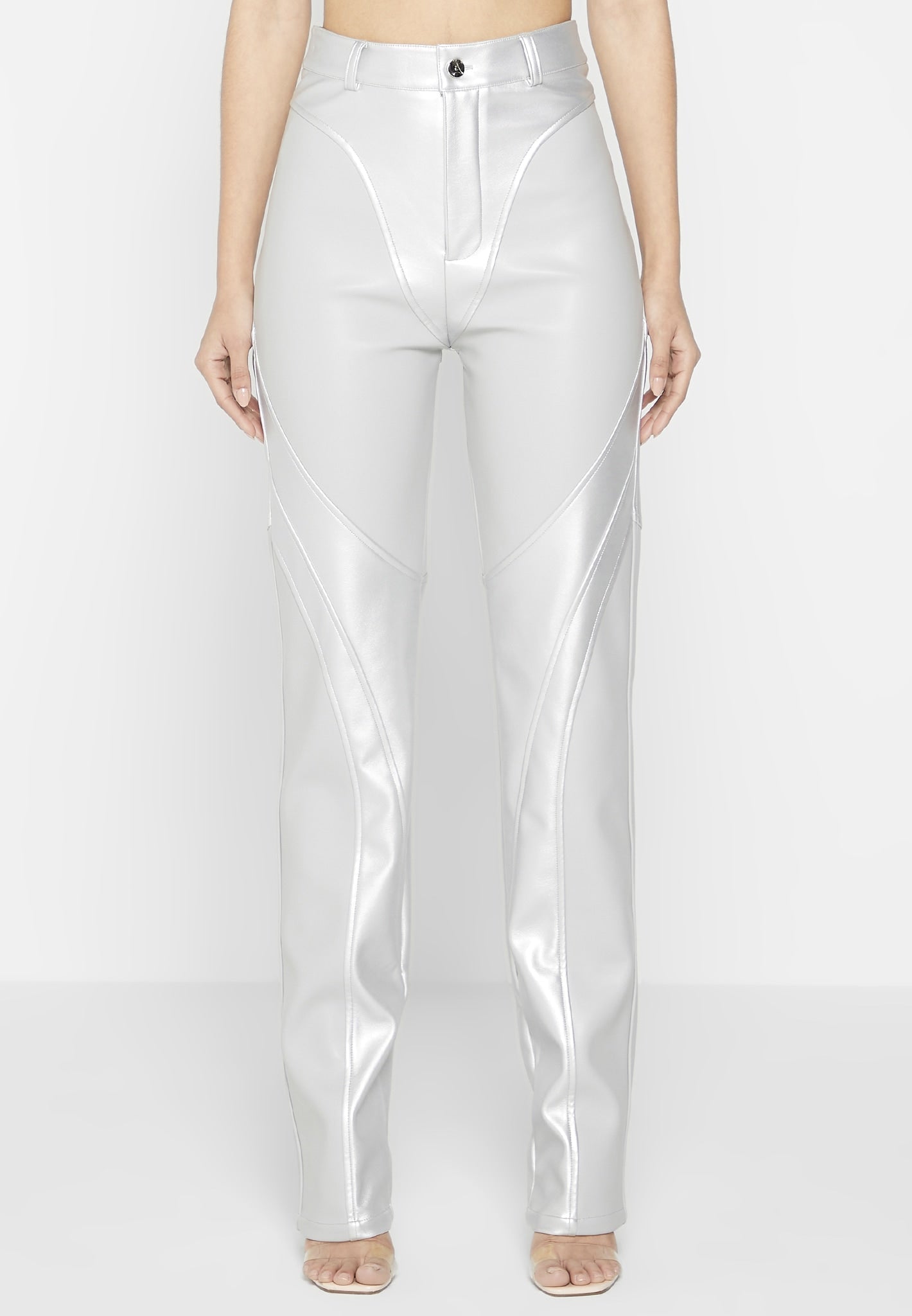 Silver Pu High Waist Ruched Flared Pants