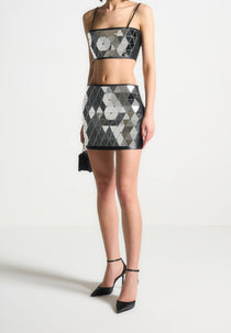 Leather Mirrored Mini Skirt - Silver/Black