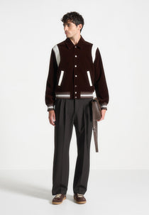 Velvet & Satin Varsity Jacket - Brown