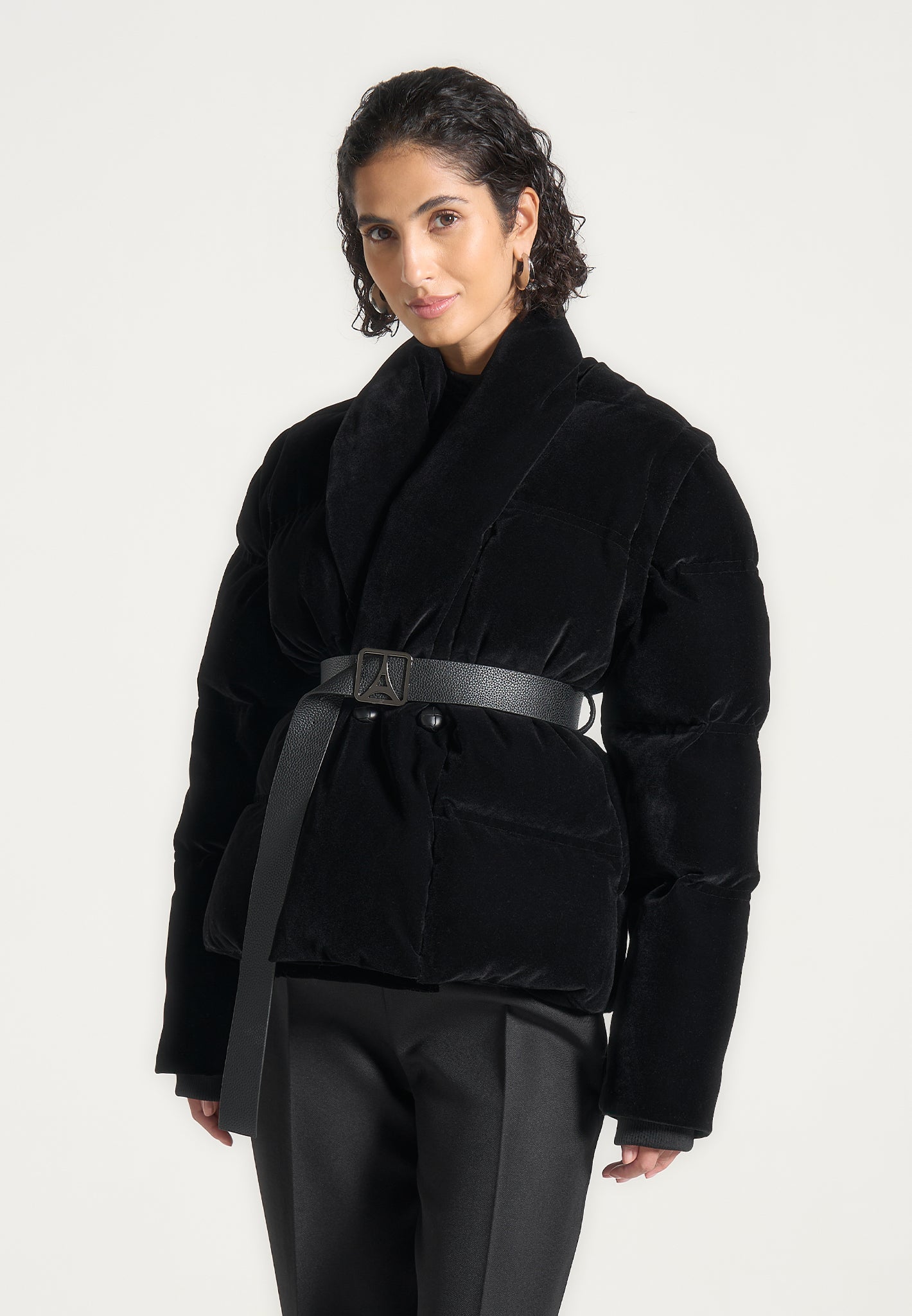 Taya - Velvet Wrap Belted Puffer Jacket - Black | Manière De Voir USA