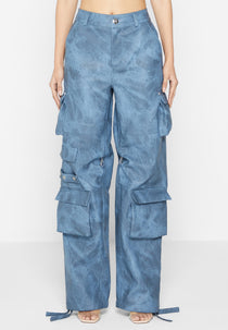High Waisted Vintage Marble Leather Cargo Pants - Washed Blue