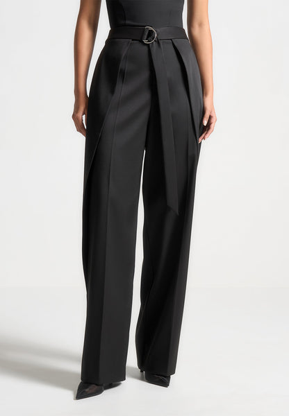 Foldover Sateen Trousers with D-Ring Belt - Black | Manière